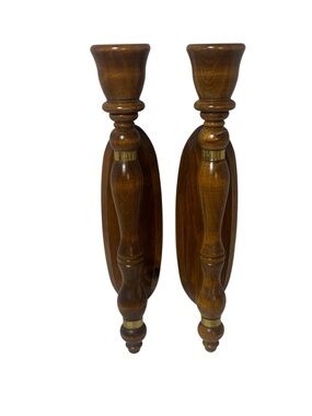 VTG Homco Turned Wood Wall Candle Sconces Gold Metal Trim